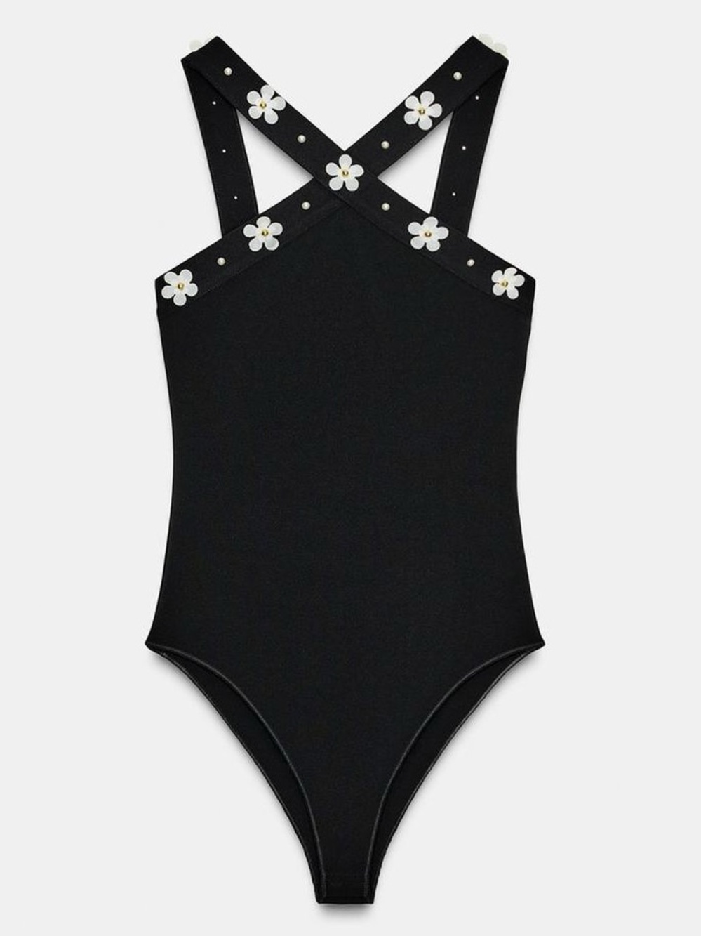 ZARA floral stretch halter bodysuit with daisy Embellishments.